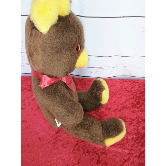 Vintage Gund 70s Brown Teddy Bear With Yellow Accents Nose Ears Feet Red Ribbon - Picture 2 of 6